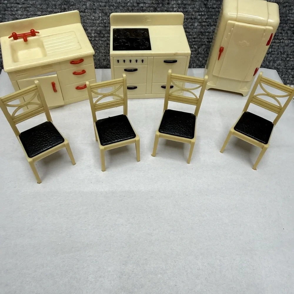 Vintage Renwal dollhouse kitchen furniture chairs sink stove fridge lot